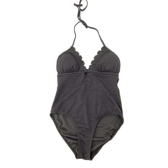 Time & Tru Scallop Black One Piece Swimsuit Solid Halter Size M 8-10 2726 padded - Picture 5 of 6